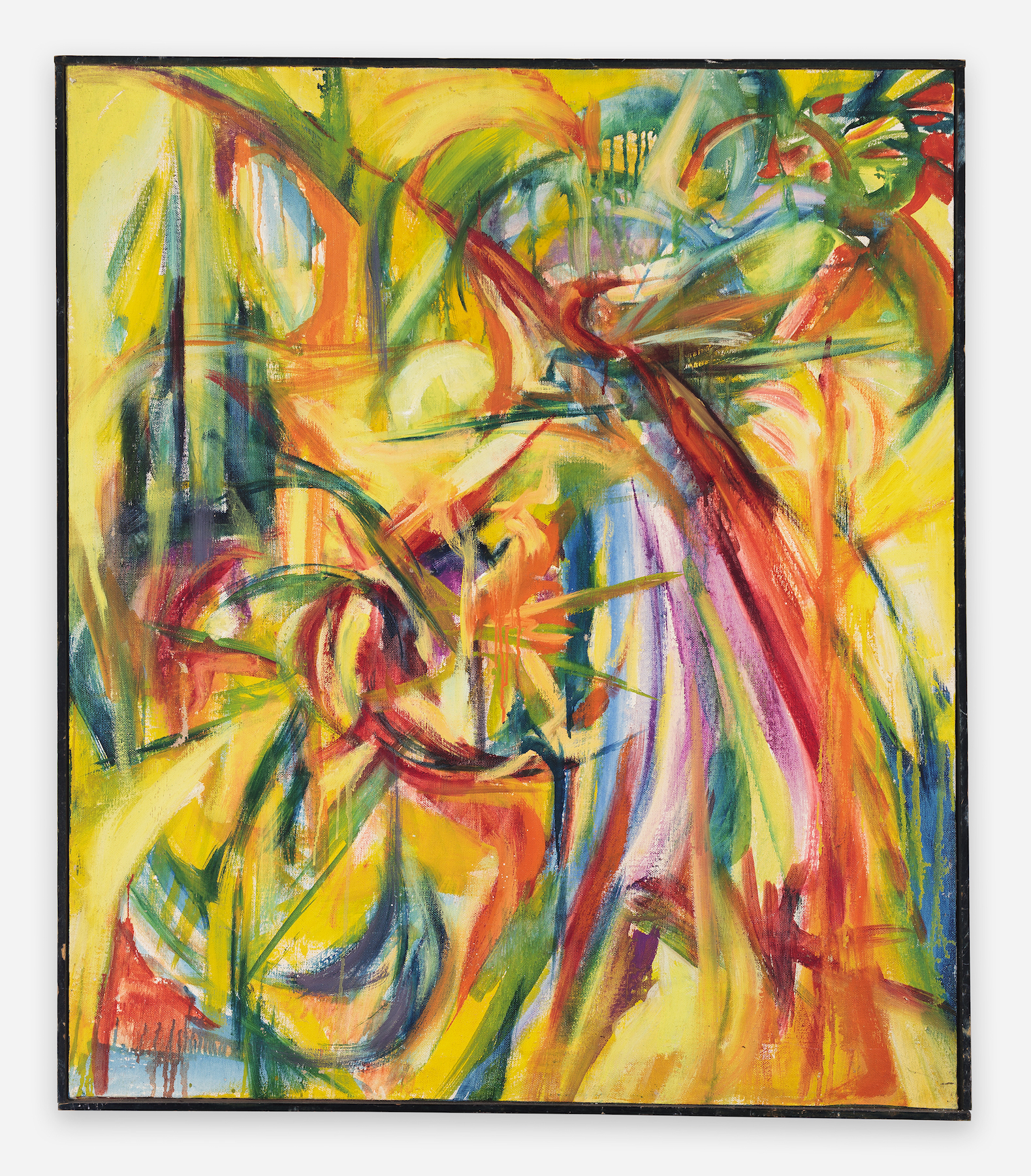 Gestural painting that is mostly yellow with greens, blues, pinks, reds, and oranges.