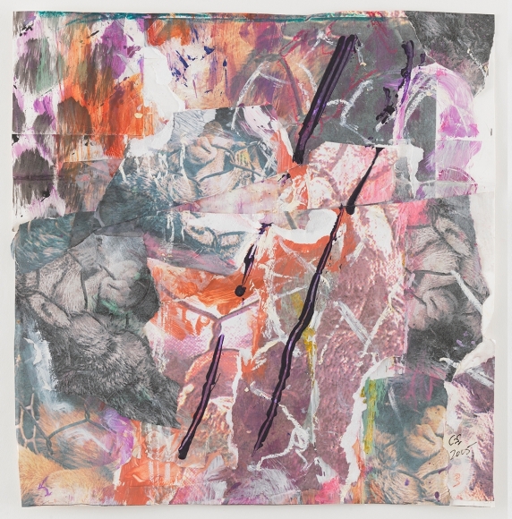 abstract collage with torn up illustrations of cats in grey, red, and pink; two black streaks cut across the page