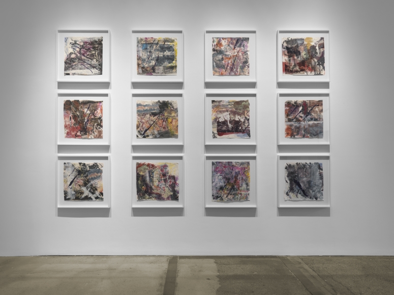 installation view of twelve abstract 'caged cat' works