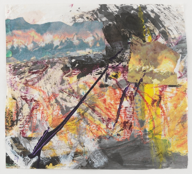 abstract collage with yellows, pinks, reds, and images of cats; a black shape fills up the right corner, two black streaks cut across the page