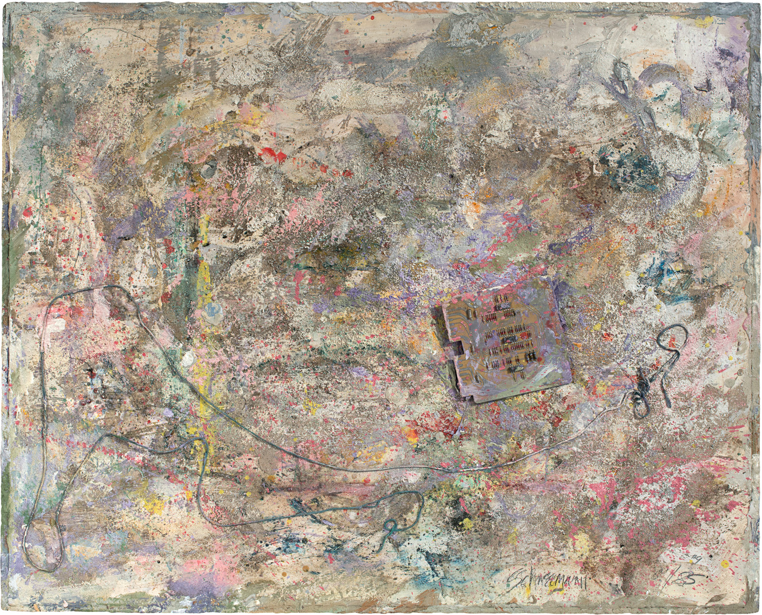 abstract work on fabric of mostly muted tones and some fields of yellow, pink, purple, blue, and red; to the right side a green circuit board is affixed to the work; on the bottom half a piece of strink winds across the work