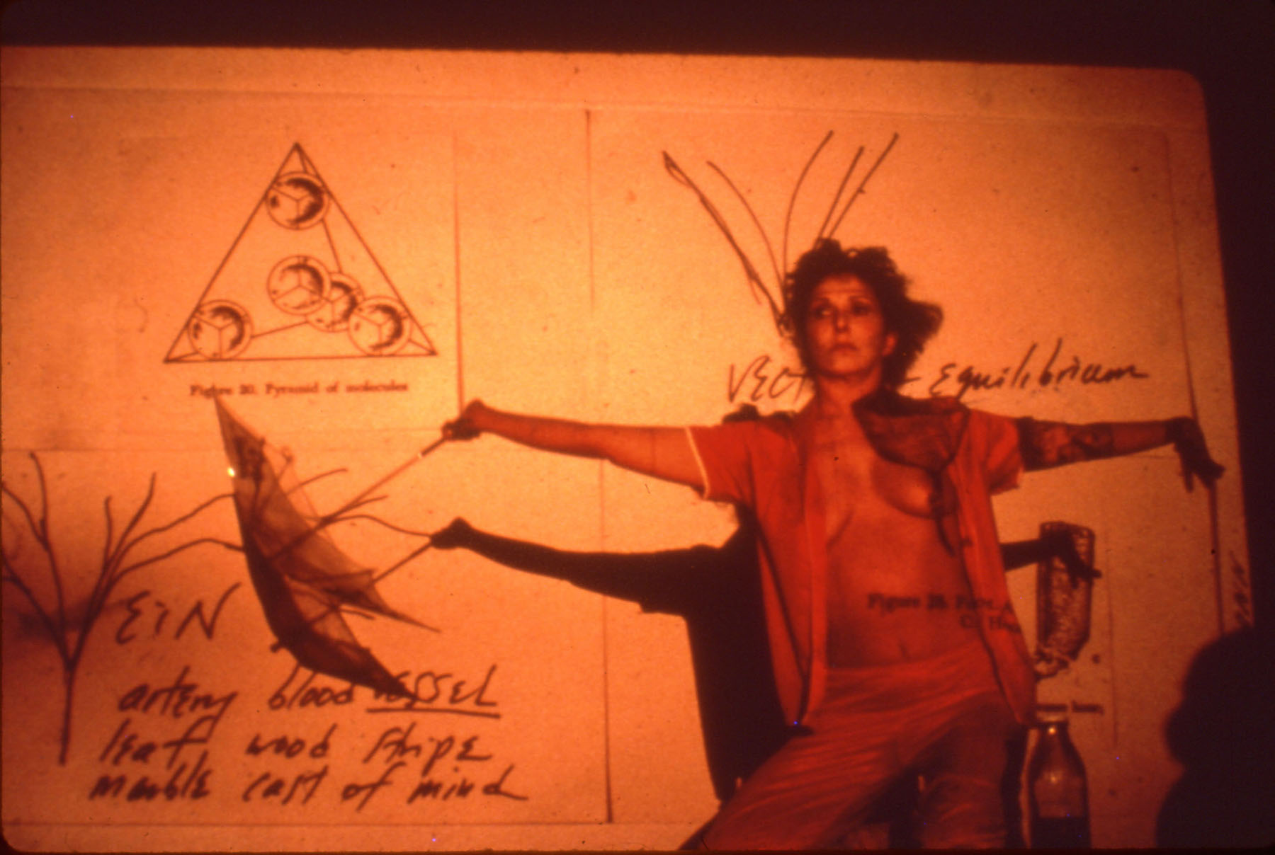 the artist stands in a red outfit with the front unbuttoned, arms extended to either side and an umbrella clutched in one hand; the background is a series of black, linear, hand drawn images and text