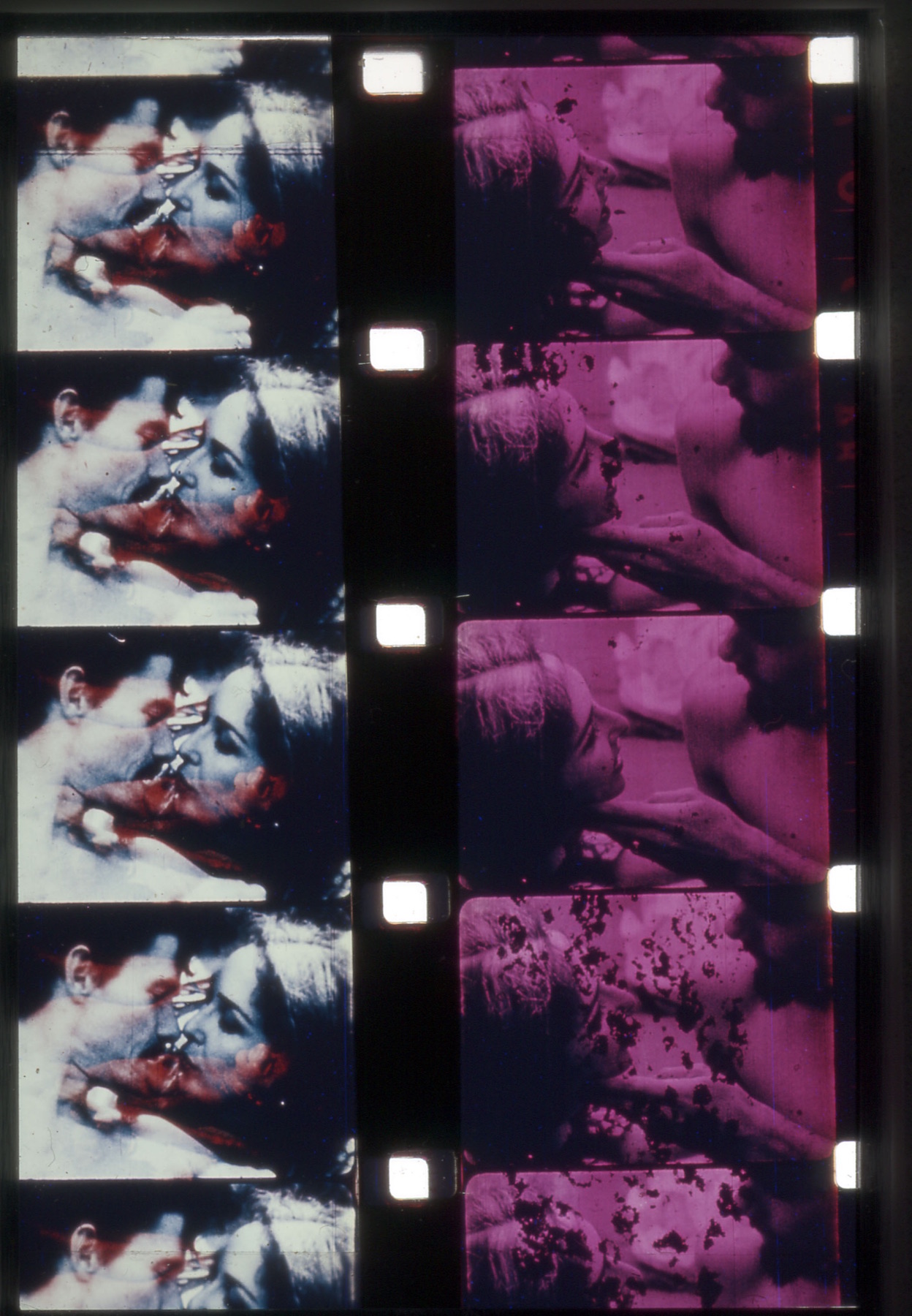 Two film strips side by side of a couple. On the left, they are leaning in as if they are about to kiss. On the right, the man is touching the woman's chin as she gazes up at him.