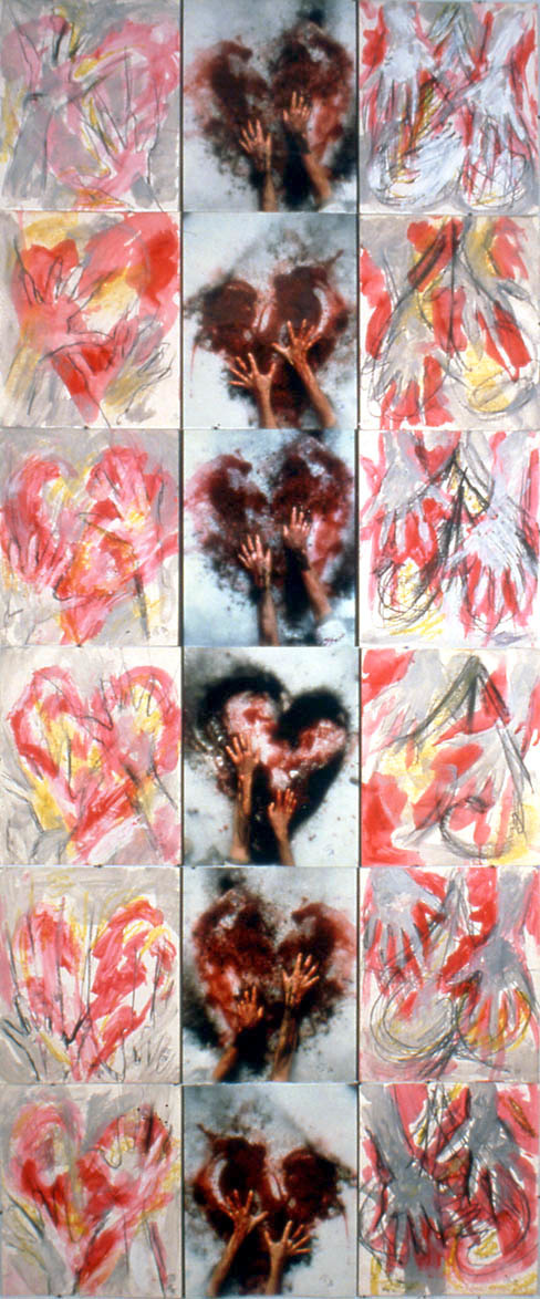 three by six vertical panels; in the center there are images of hands smearing a red and black heart; on the right and left are illustrations mirroring the center images