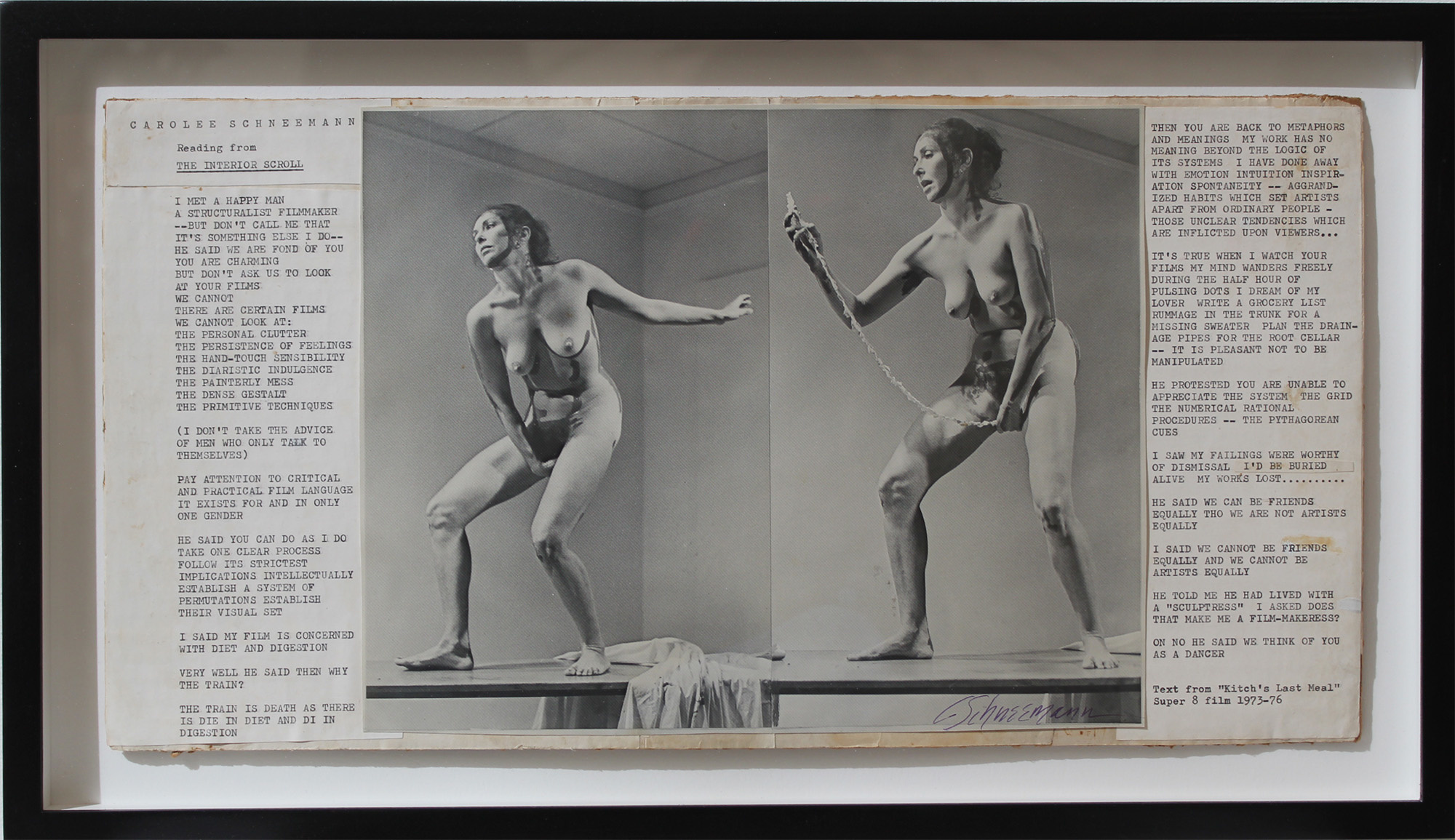 two b/w photos of schneemann during her performance; on either side is the text from the scroll she read aloud during the performance