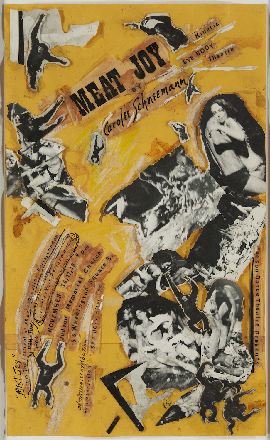 photo collage on a yellow background; black and white cutouts of stills from meat joy performances; black and white cutouts of images of monkeys; across the poster are details for an upcoming performance