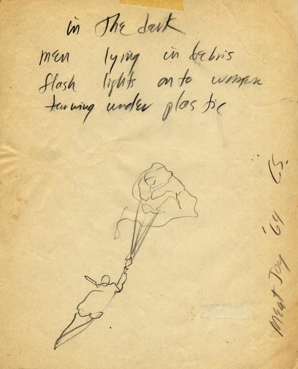 Concept sketch of the performance in charcaol on paper. Written at the top is "in the dark / men lying in debris / flash lights onto women / [illegible] under plastic."