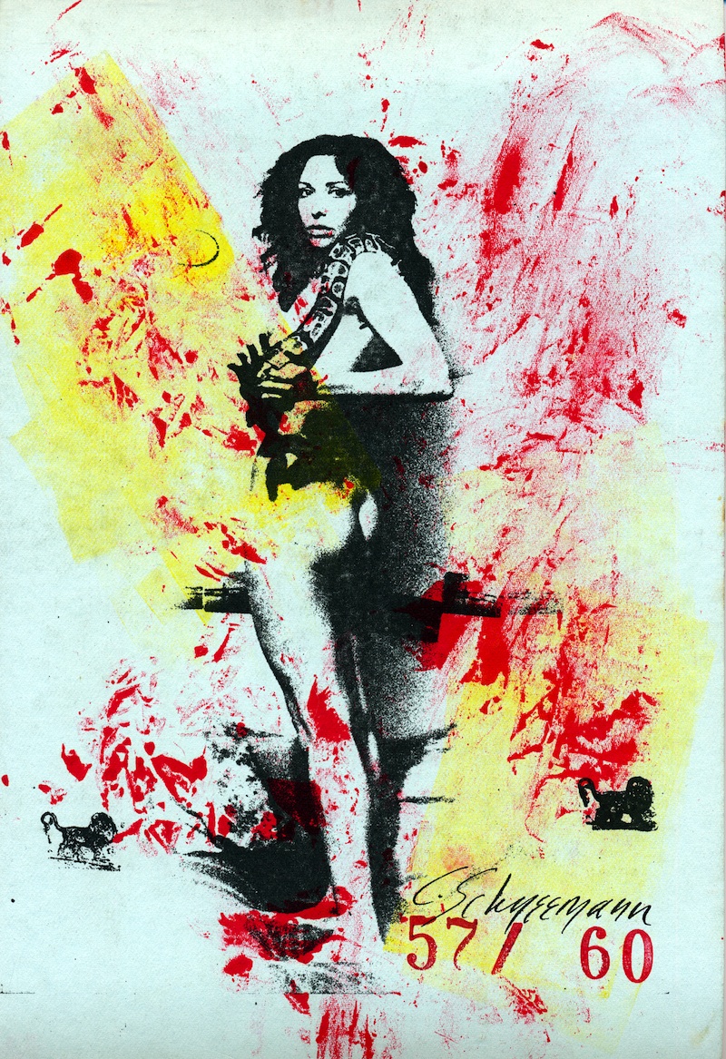 black and white image of the artist, mostly nude, except for a snake wrapped around her neck; red and yellow abstract shapes surround the figure