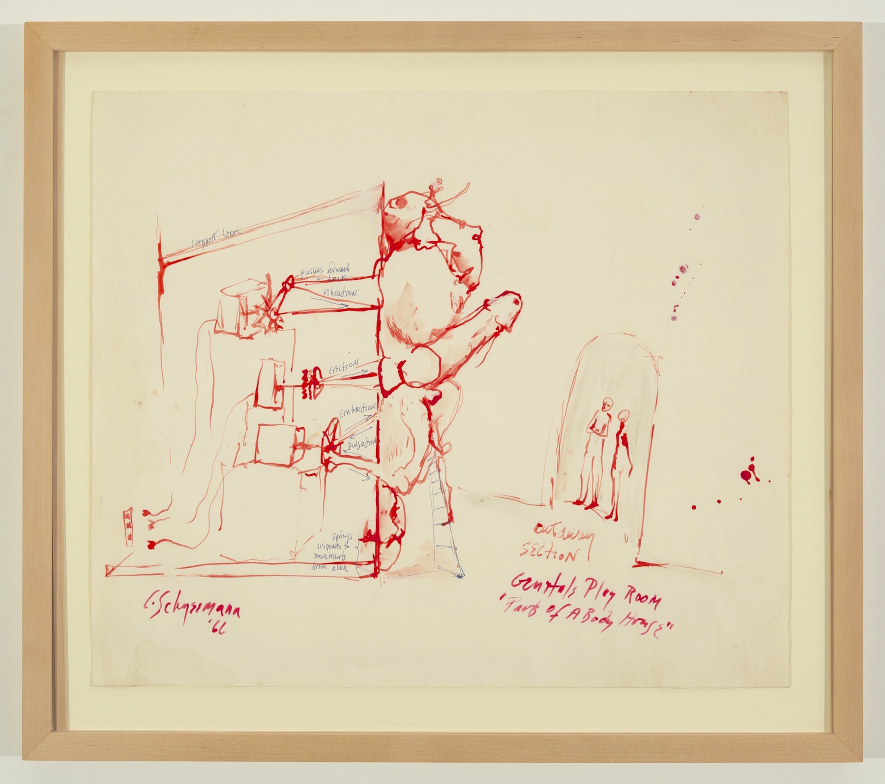 illustration done in red on white paper of a 'genitals play room'; two figures stand in an entryway, looking at a room of larger than life genitals in varying positions constructing a room