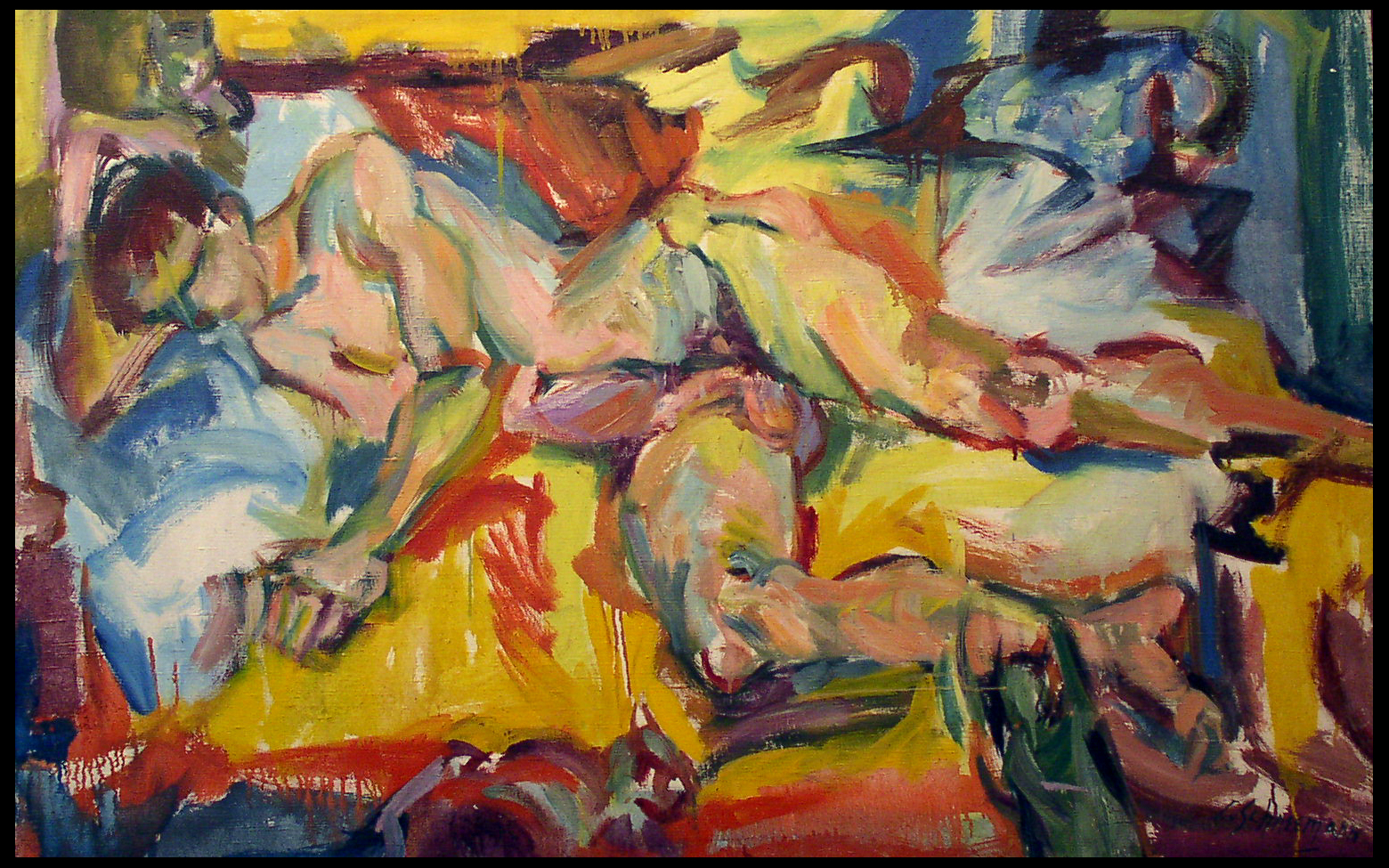 Expressionist painting with nude reclining male figure and several cats.