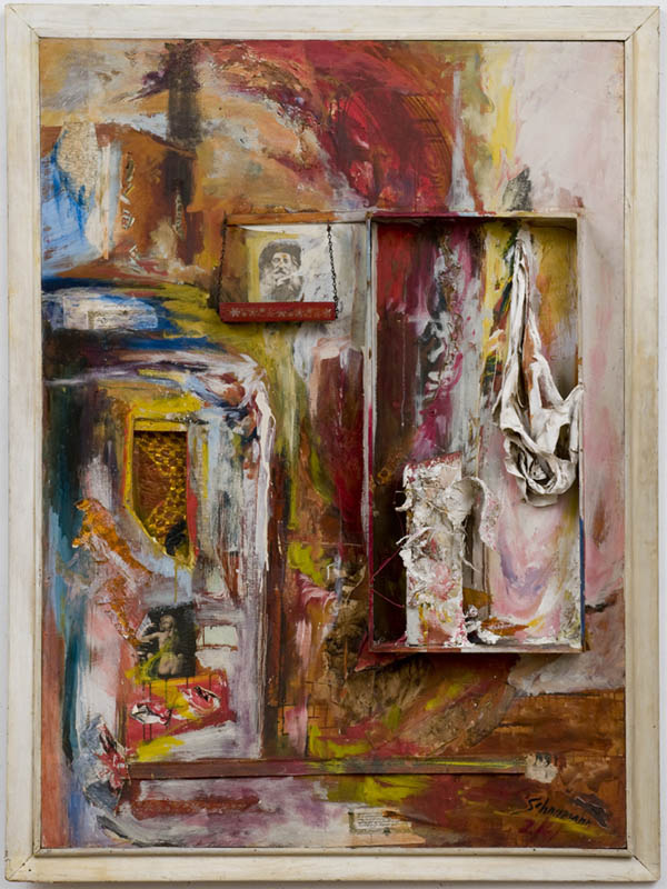 A bright gestural painting with a protruding cardboard frame on theft side. Blurring the boundary between painting and sculpture, these frames hold various materials within them. Two small black and white portraits are also featured within this work.