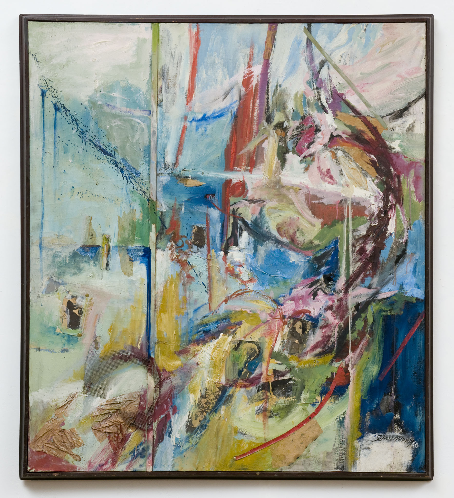 abstract painting on canvus, mostly white and blue with broad, gestural strokes and sweeps of other colors; there are some multi-media elements encorporated such as photographs