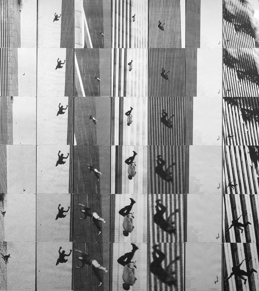 6x6 collage; 6 different images of silhouettes of a person jumping off a building, getting progressively larger 6 times