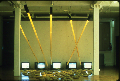 hand-cast rocks (cement, glass, ashes, wood) and five video monitors sit on the wooden floor; ten plexiglass rods with ten halogen lights reach from the floor to the ceiling; on the monitors plays two-channel video of feet walking on rocks