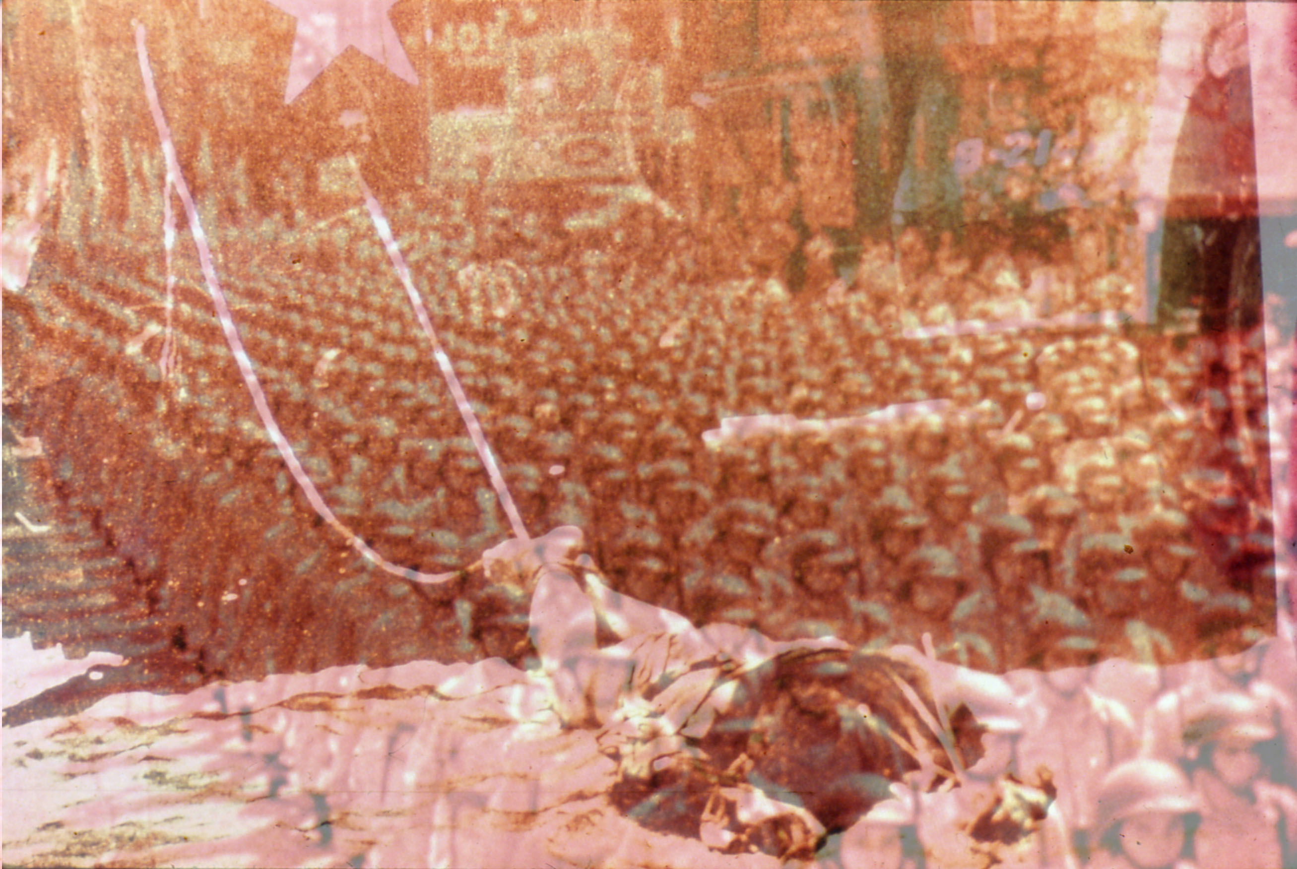 collage image; at the forground is a figure laying face down, bound at the ankles; behind that is an image of a vast army marching; overlaying both is a pink filter with elements reminiscent of the american flag