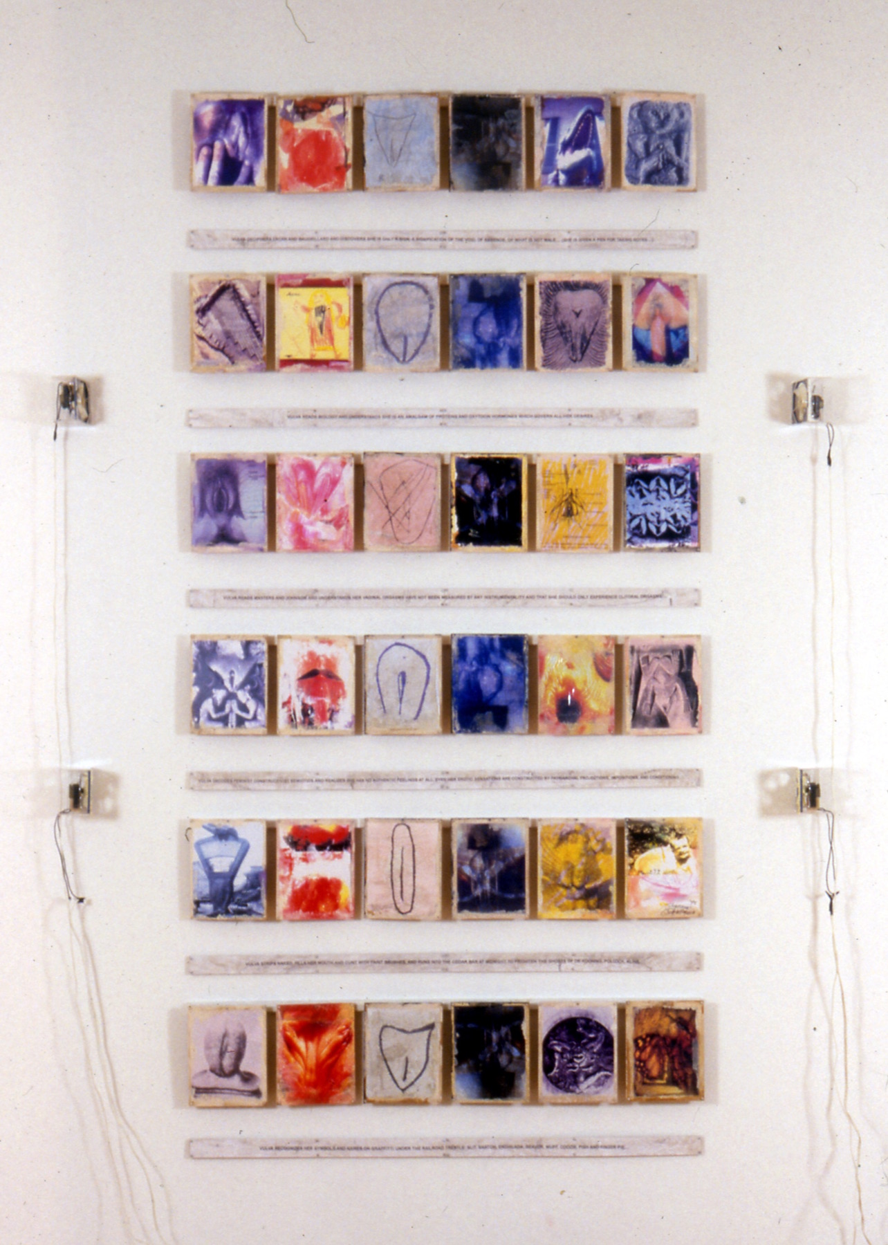 installation shot of the 36 panels displayed in a 6x6 grid; each is a different photo, drawing, or representation of a vulva in purple, yellow, red, and black.
