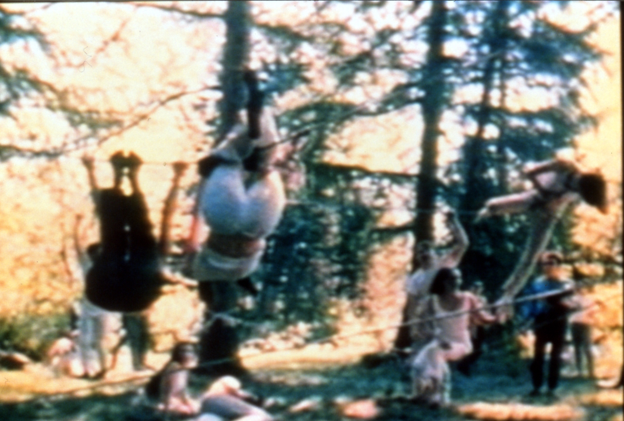 several figures in the forest hanging from a rope