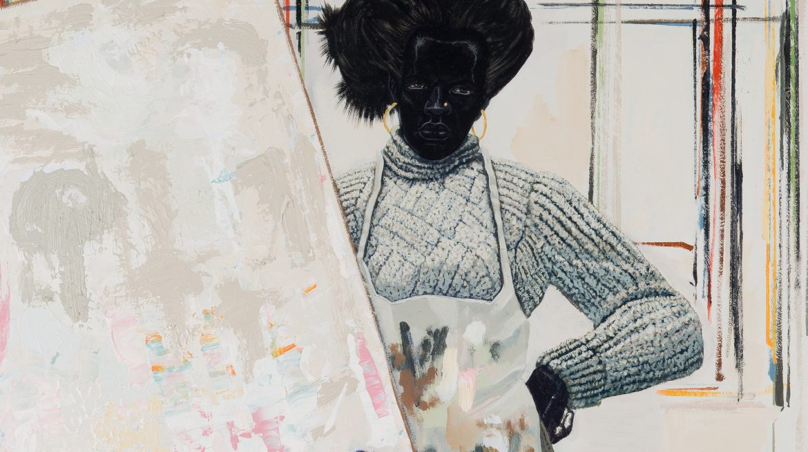 acrylic painting of a black woman in a white sweater and a white, paint-stained apron; she stands behind a white canvas in front of a white background
