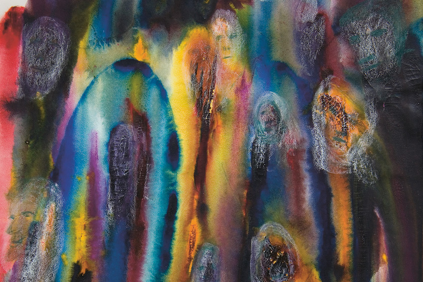 painting of abstract faces on a bright-colored color-field background