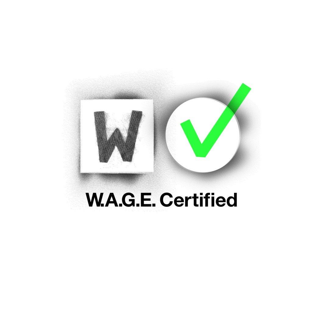 WAGE certified logo; image of a black "W" in a block next to a green checkmark in a circle